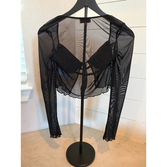 Edikted Black Sheer Mesh Tie Front Long‎ Sleeve Crop Top Women's Small - Picture 2 of 8